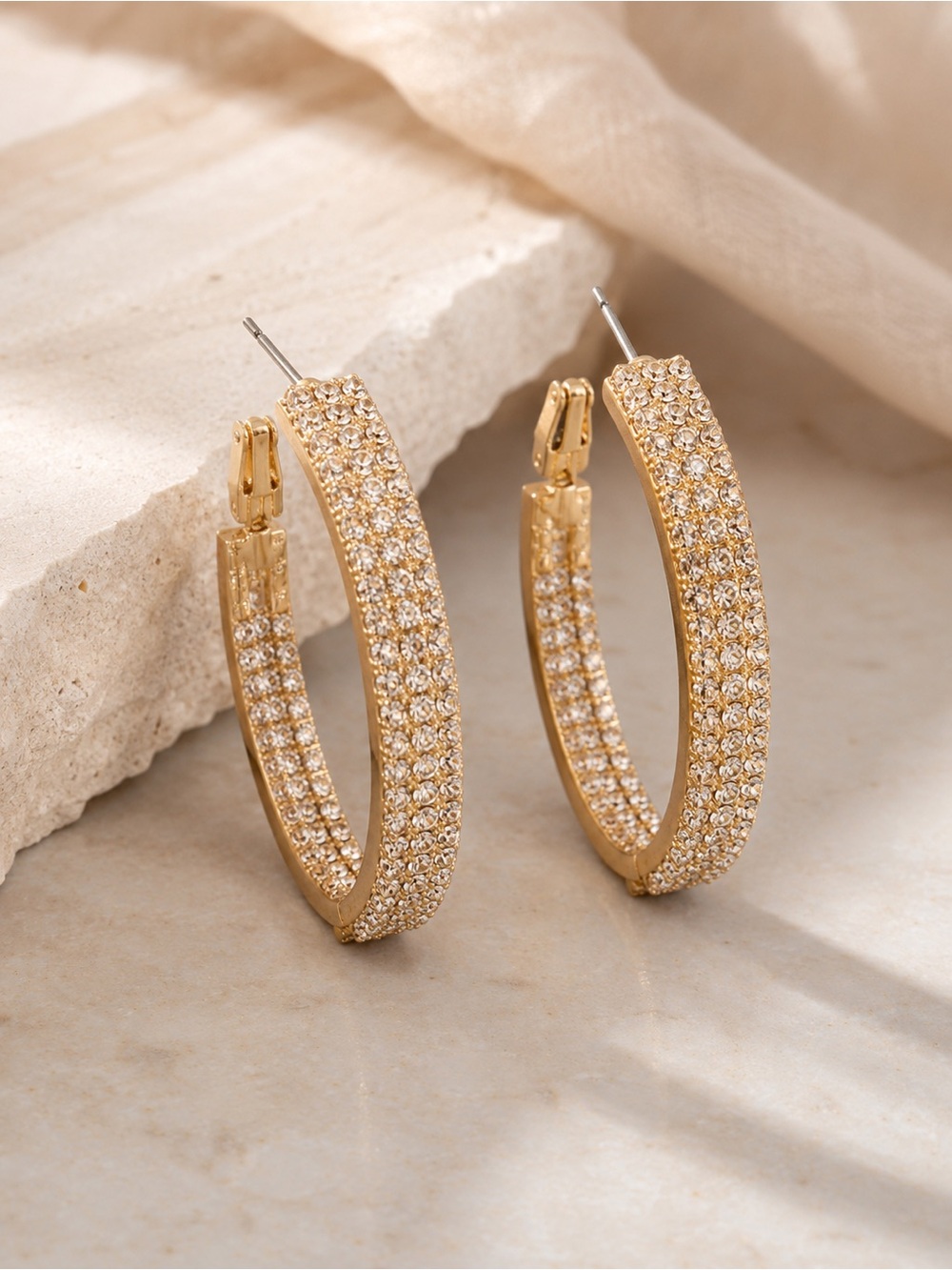 Gold Tone Rhinestone Pave Hoop Earrings Large Statement Sparkly Hoops